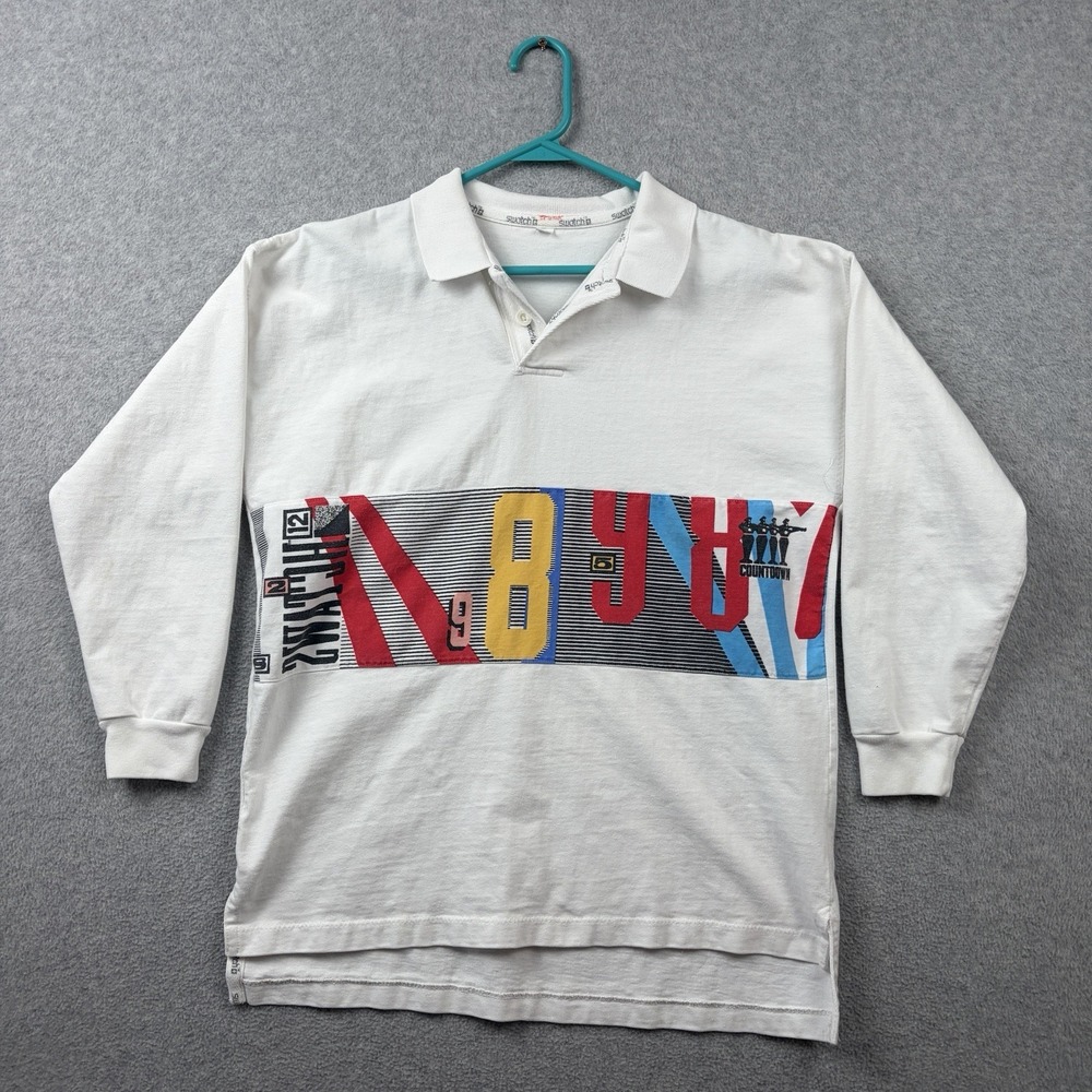 Vintage Swatch Rugby Polo Shirt Mens Medium White Abstract Graphic Print 80s 90s